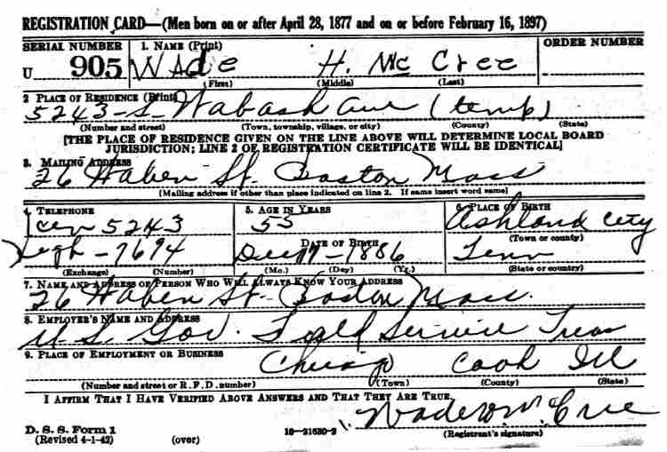 Wade McCree' WW2 draft card